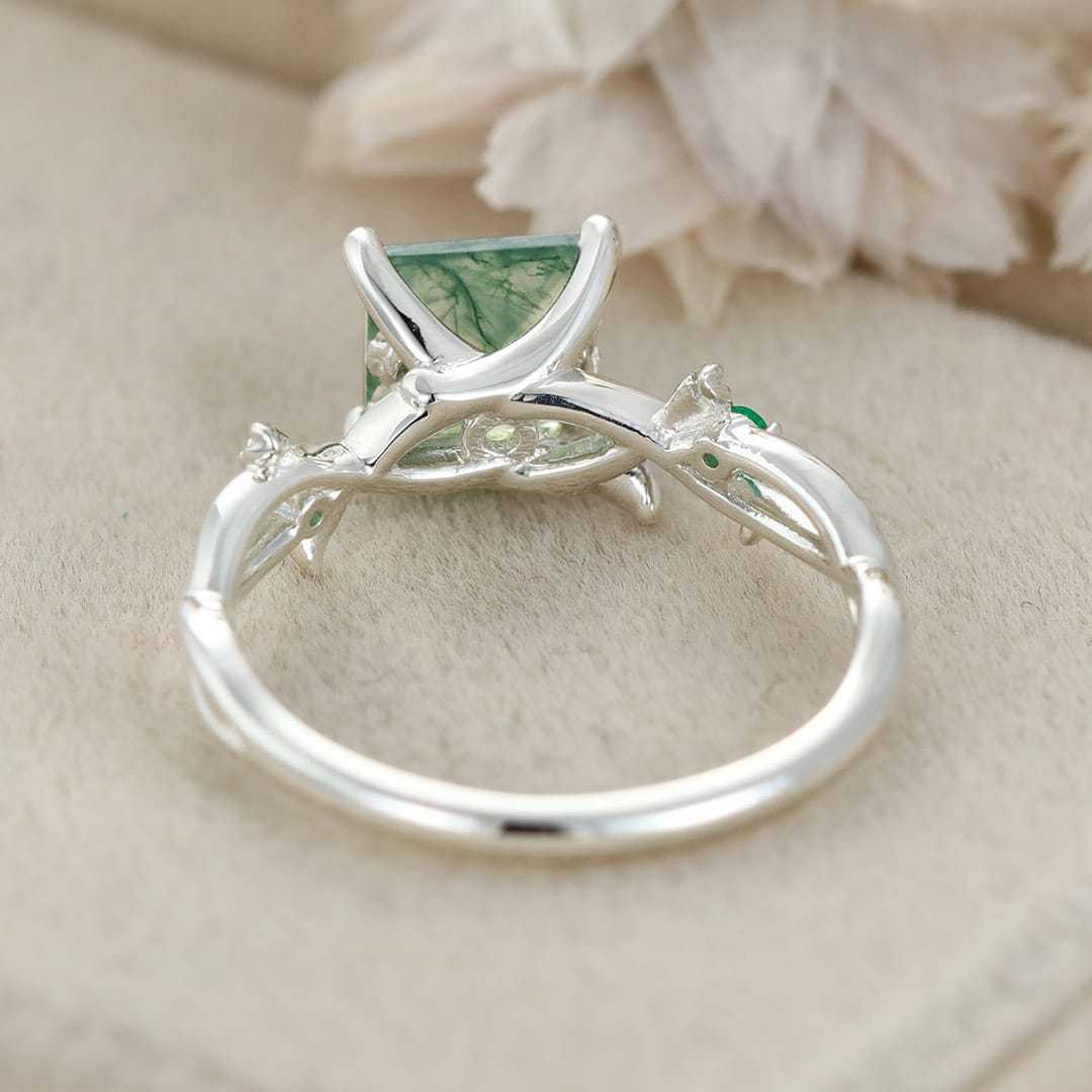 Twig Princess Cut Green Moss Agate Engagement Ring 14k White Gold Ring Vintage Lab Emerald Leaf Wedding Ring Women Gift