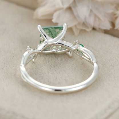Twig Princess Cut Green Moss Agate Engagement Ring 14k White Gold Ring Vintage Lab Emerald Leaf Wedding Ring Women Gift
