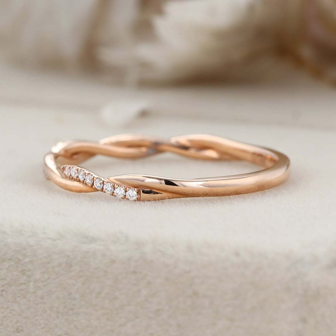 Twist ring Moissanite wedding band Vintage diamond wedding band Unique Rose gold wedding ring stacking matching promise Anniversary gift