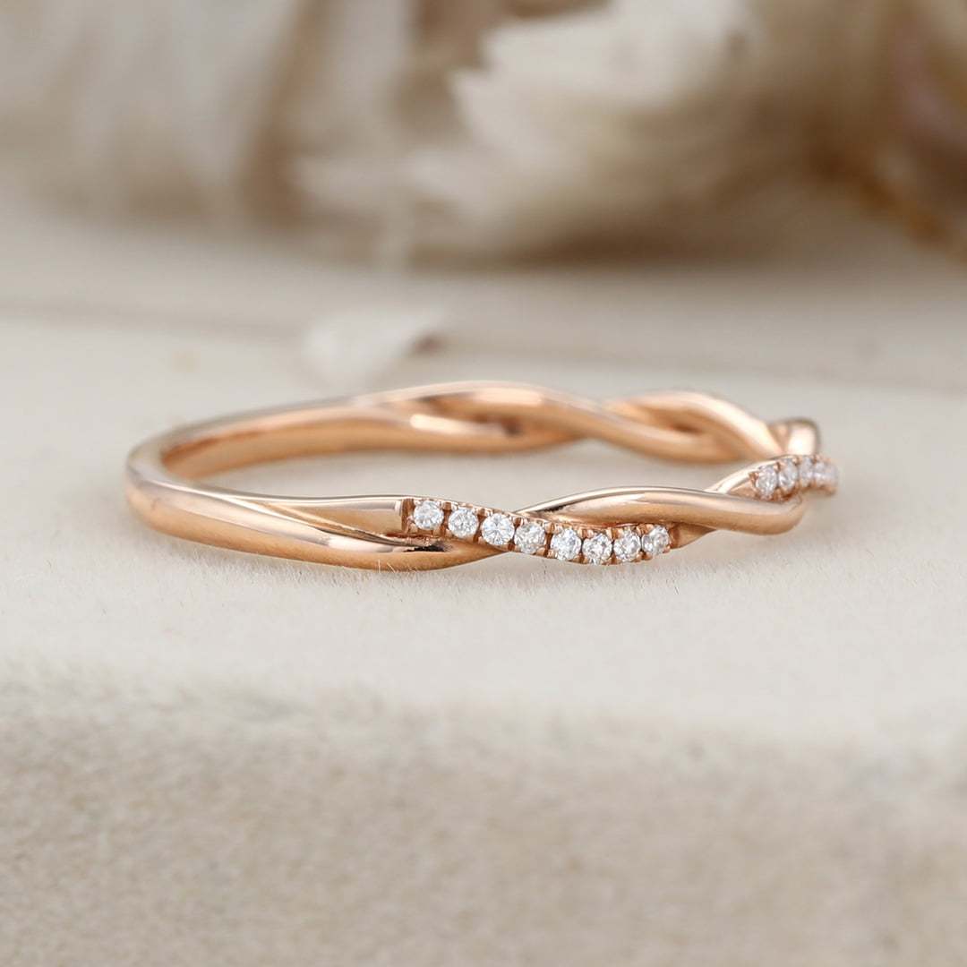 Twist ring Moissanite wedding band Vintage diamond wedding band Unique Rose gold wedding ring stacking matching promise Anniversary gift