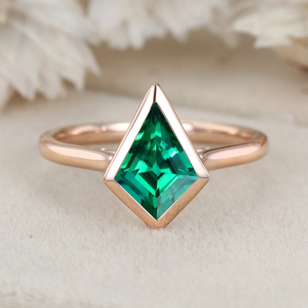 Unique 10x7 mm Kite Cut Bezel Lab Emerald Ring 14K Rose Gold Engagement Ring May Birthstone Ring