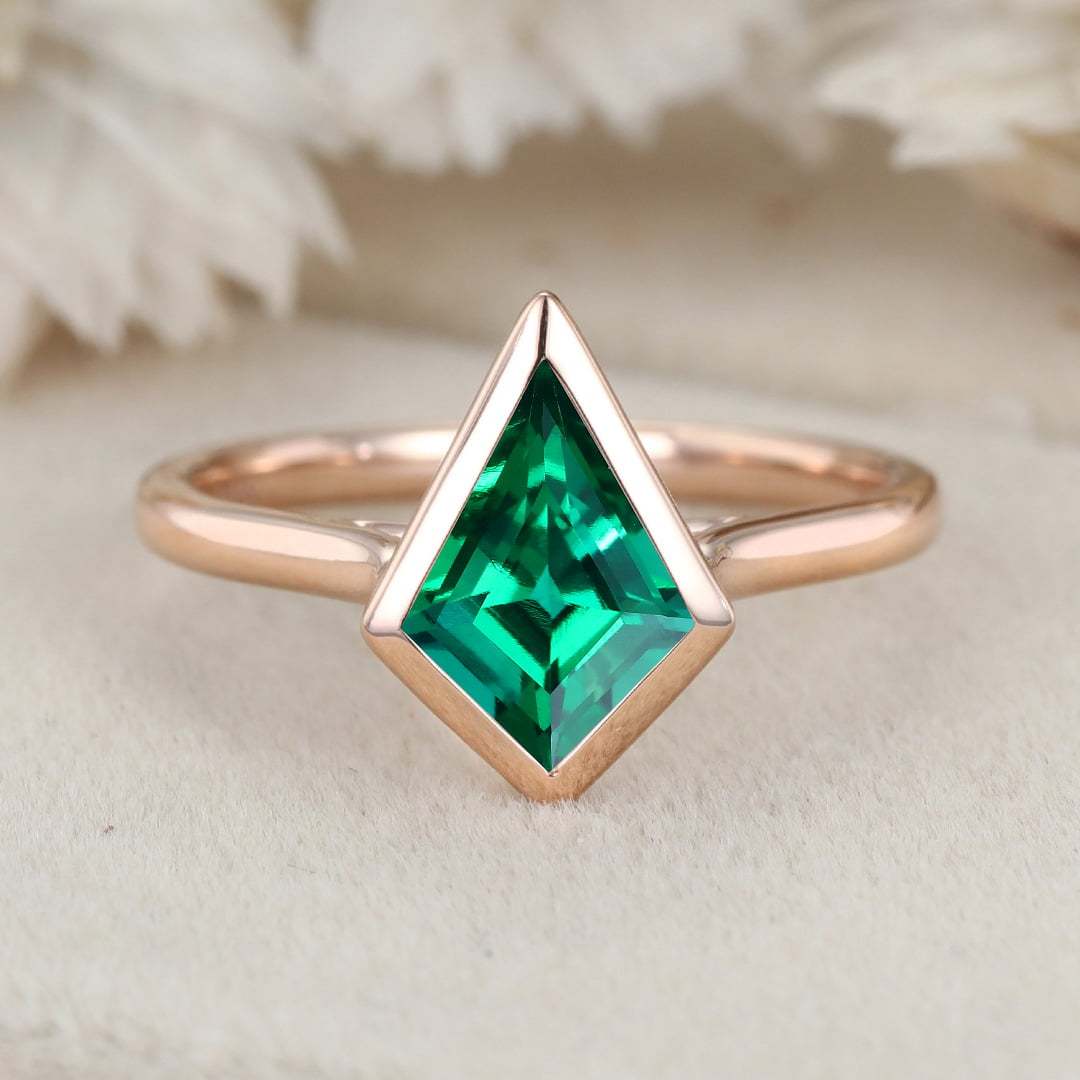 Unique 10x7 mm Kite Cut Bezel Lab Emerald Ring 14K Rose Gold Engagement Ring May Birthstone Ring