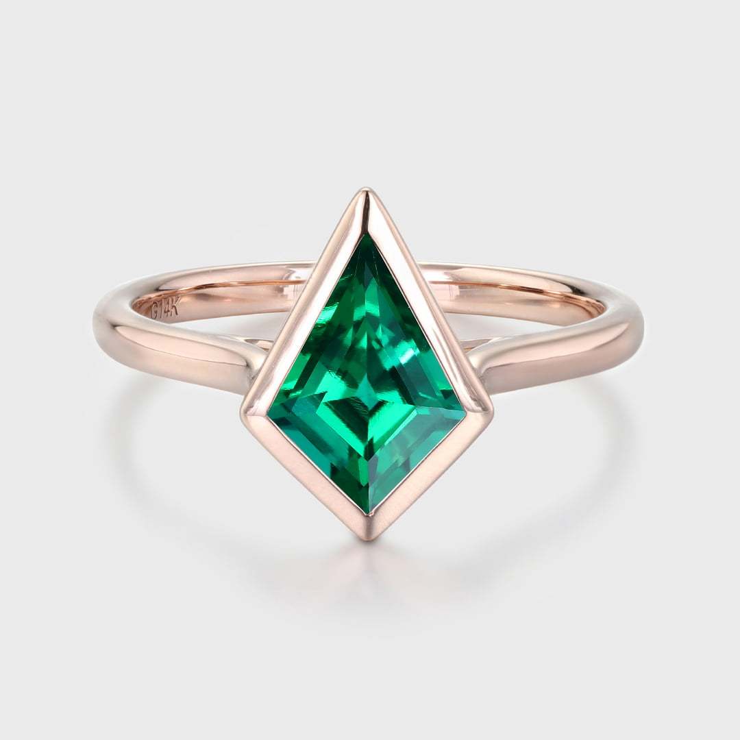 Unique 10x7 mm Kite Cut Bezel Lab Emerald Ring 14K Rose Gold Engagement Ring May Birthstone Ring