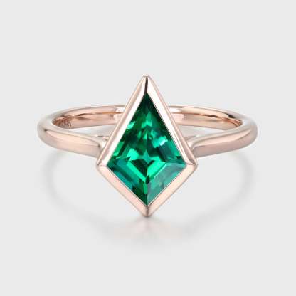Unique 10x7 mm Kite Cut Bezel Lab Emerald Ring 14K Rose Gold Engagement Ring May Birthstone Ring