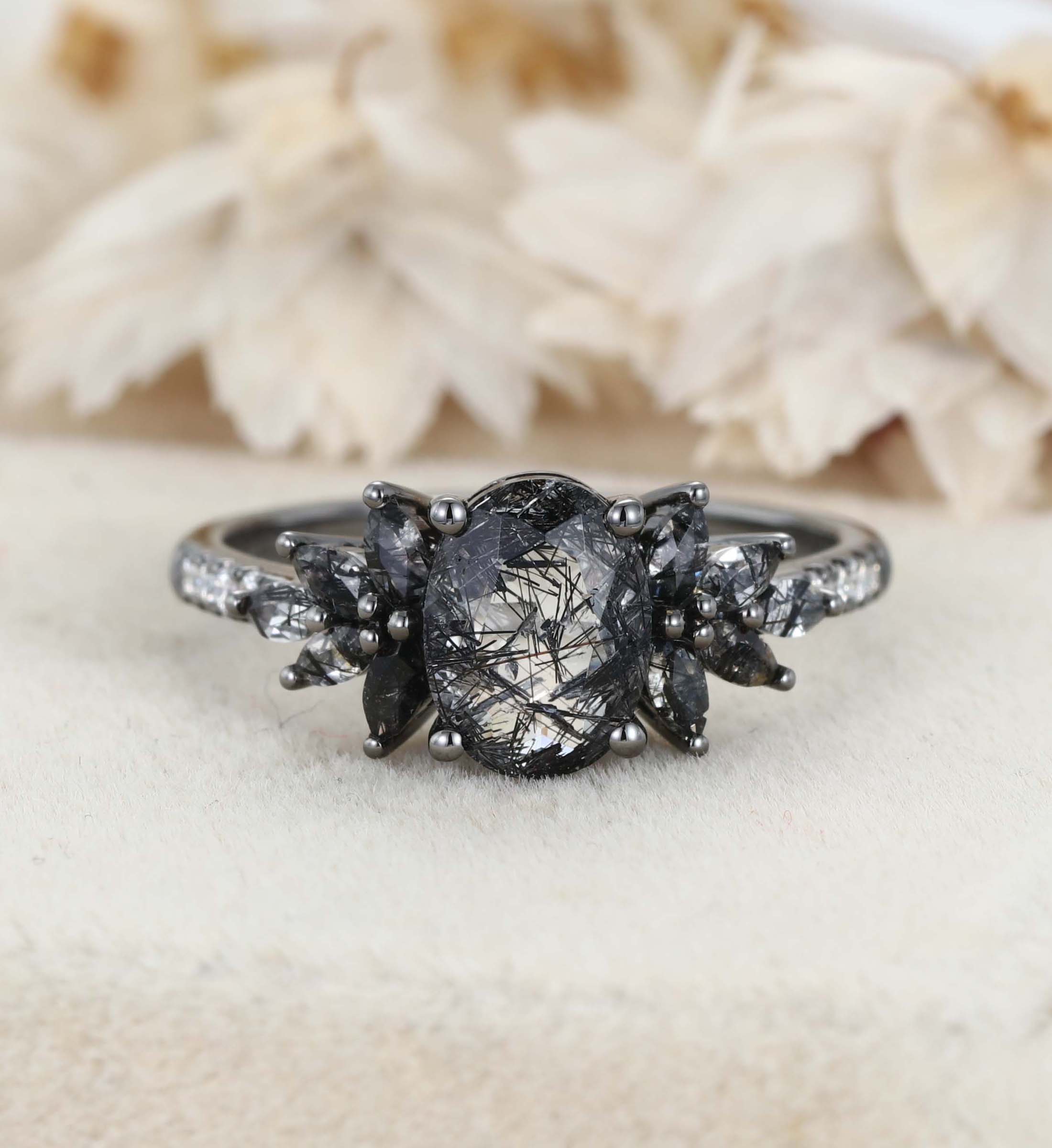 Unique 14K Black Gold Oval Cut Black Quartz Rutilated Engagement Ring Marquise Cut Wedding Ring Gift For Women