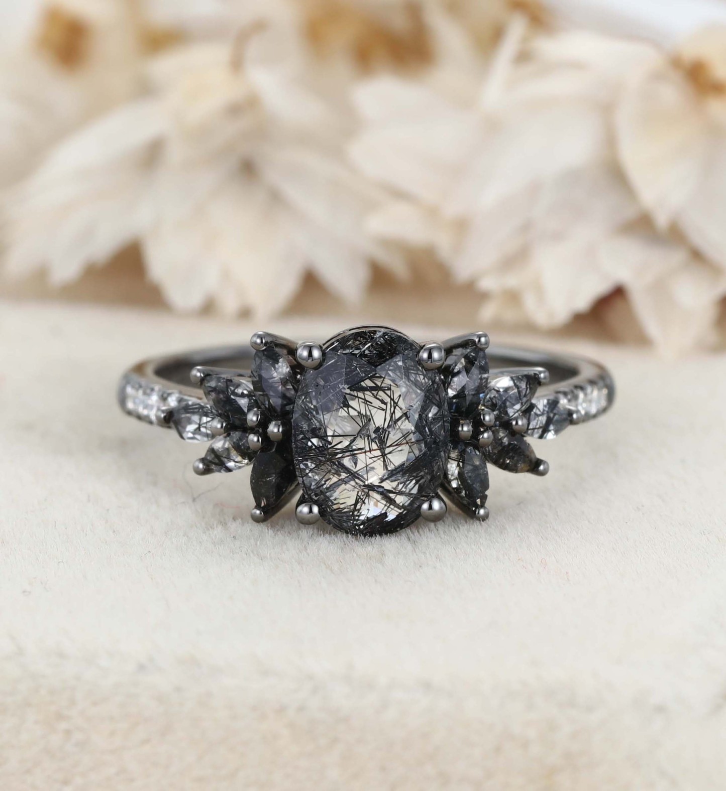 Unique 14K Black Gold Oval Cut Black Quartz Rutilated Engagement Ring Marquise Cut Wedding Ring Gift For Women