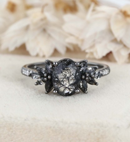 Unique 14K Black Gold Oval Cut Black Quartz Rutilated Engagement Ring Marquise Cut Wedding Ring Gift For Women