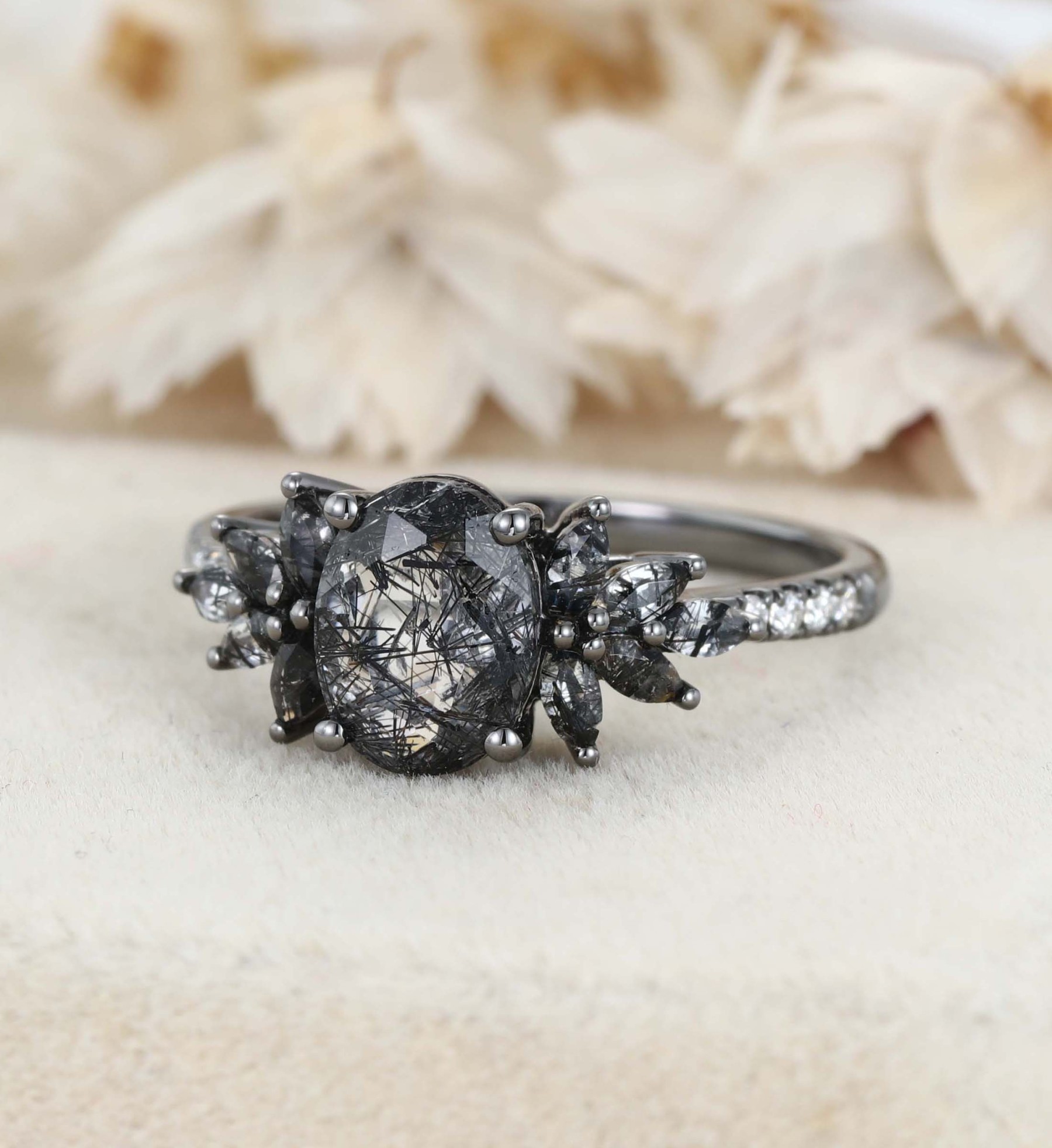 Unique 14K Black Gold Oval Cut Black Quartz Rutilated Engagement Ring Marquise Cut Wedding Ring Gift For Women