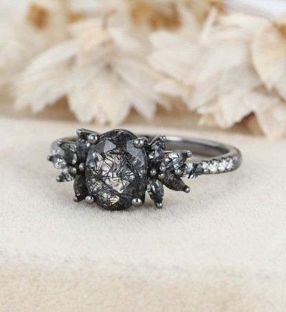 Unique 14K Black Gold Oval Cut Black Quartz Rutilated Engagement Ring Marquise Cut Wedding Ring Gift For Women