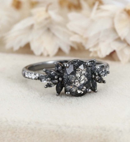 Unique 14K Black Gold Oval Cut Black Quartz Rutilated Engagement Ring Marquise Cut Wedding Ring Gift For Women