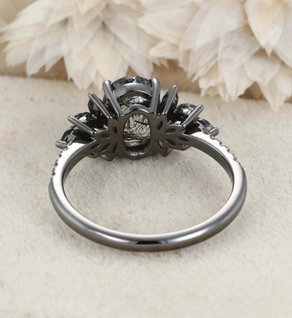 Unique 14K Black Gold Oval Cut Black Quartz Rutilated Engagement Ring Marquise Cut Wedding Ring Gift For Women