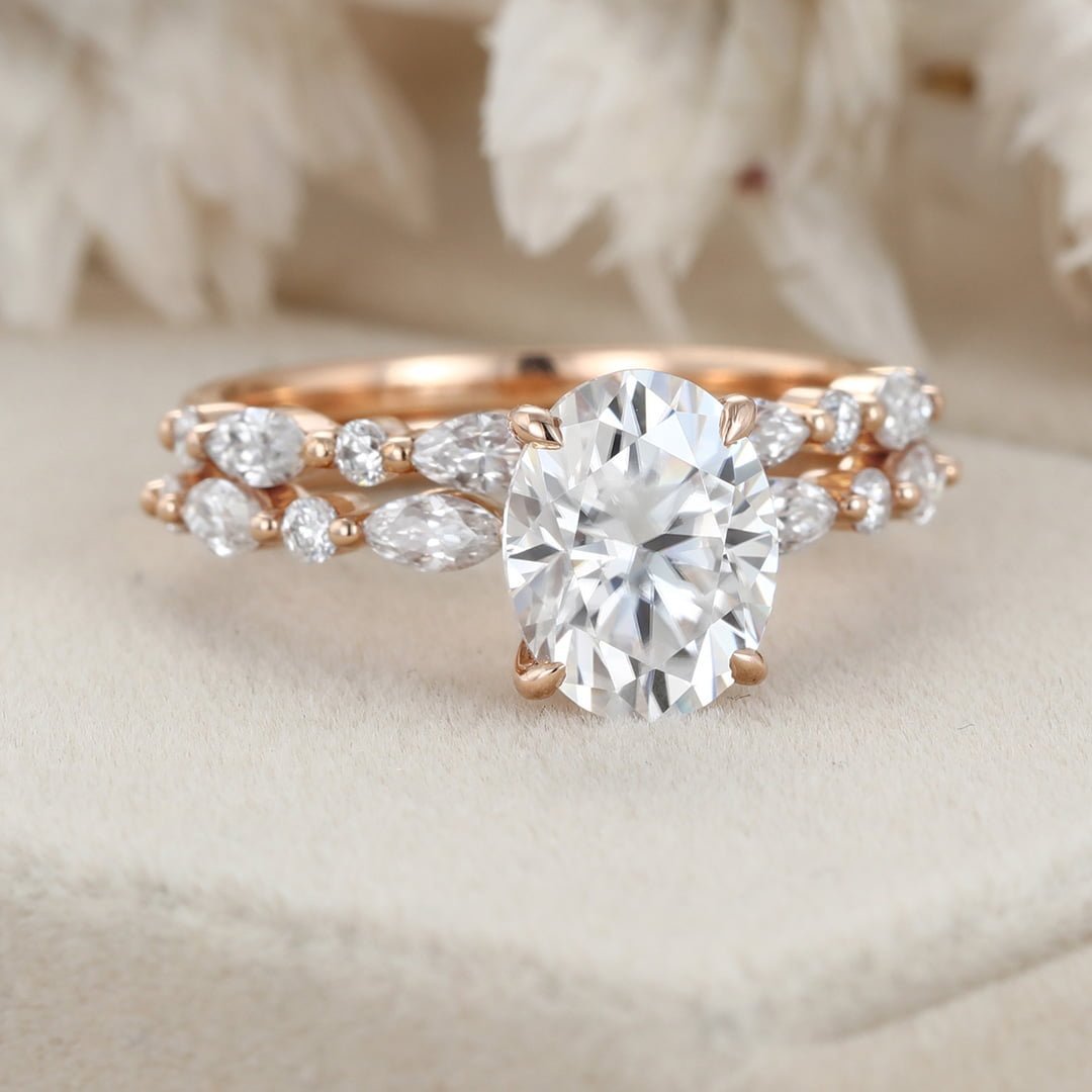 Unique 2ct Oval Moissanite Engagement Ring Set Vintage Marquise Wedding Ring Rose gold Engagement Ring Bridal set Promise Gift Anniversary