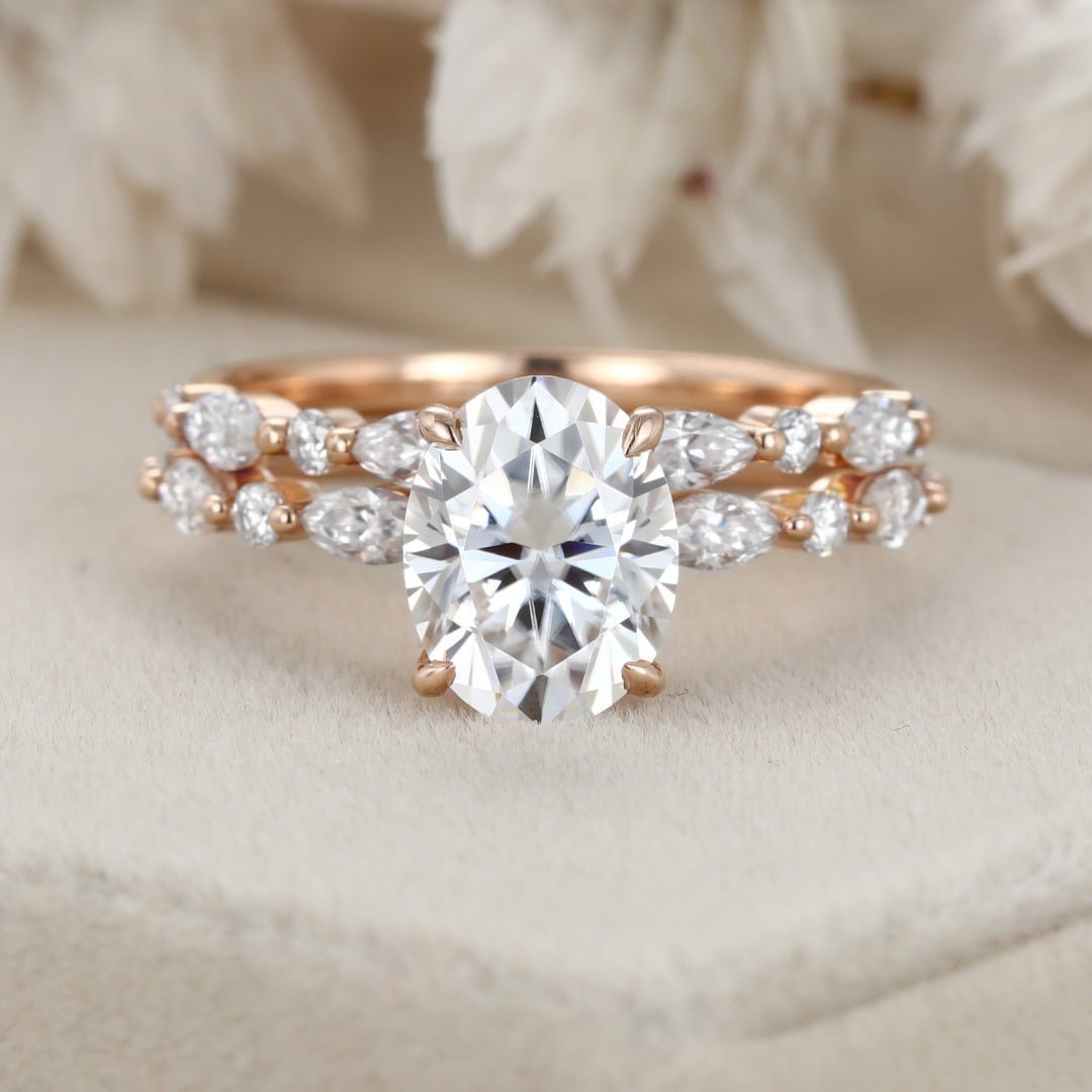Unique 2ct Oval Moissanite Engagement Ring Set Vintage Marquise Wedding Ring Rose gold Engagement Ring Bridal set Promise Gift Anniversary