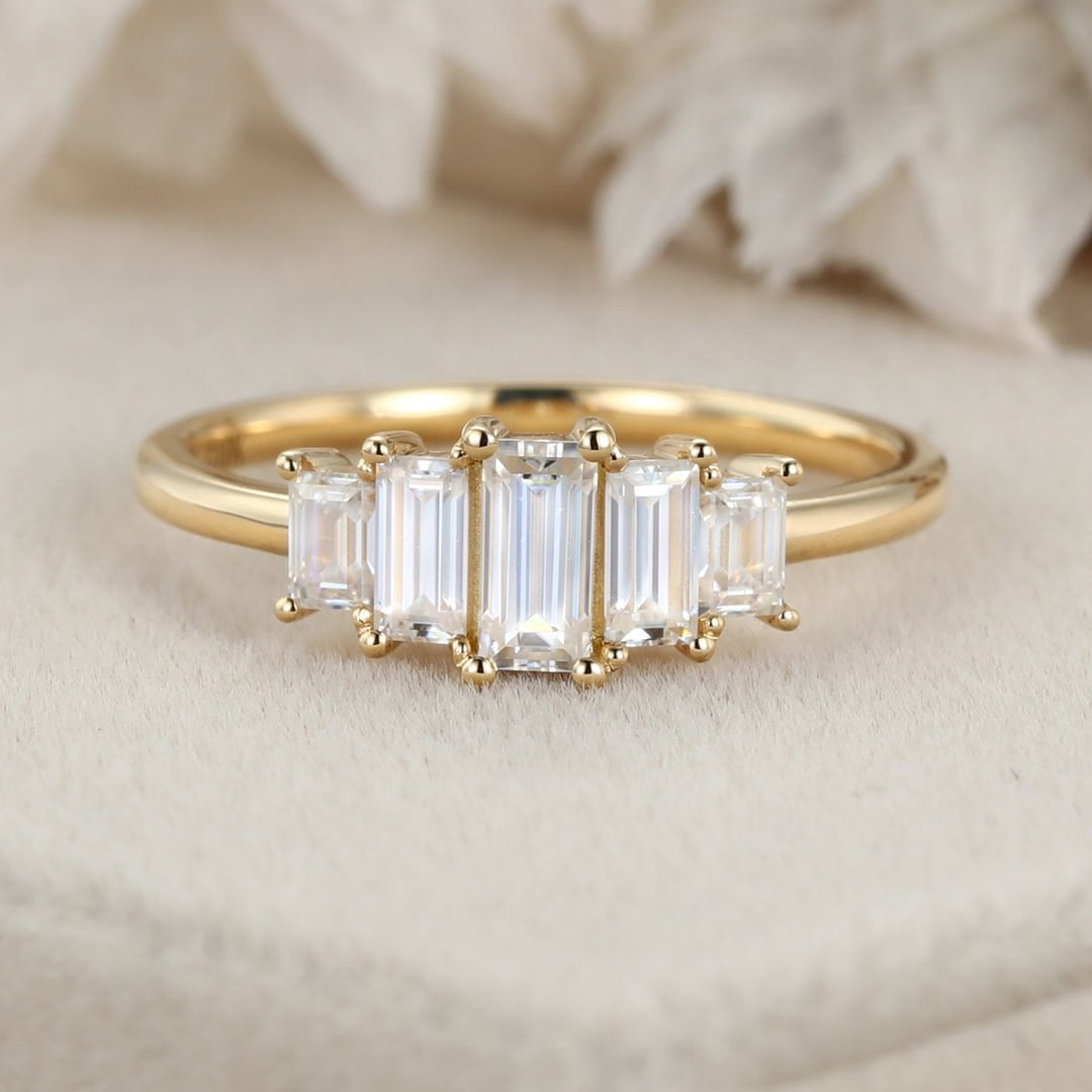 Unique Baguette moissanite engagement ring Vintage Yellow gold engagement ring Cluster ring Bezel art deco Bridal Promise Anniversary gift