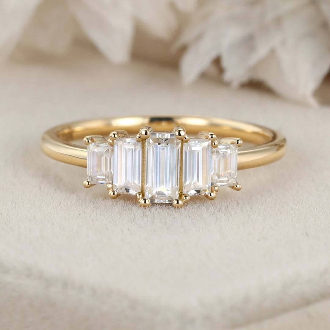Unique Baguette moissanite engagement ring Vintage Yellow gold engagement ring Cluster ring Bezel art deco Bridal Promise Anniversary gift