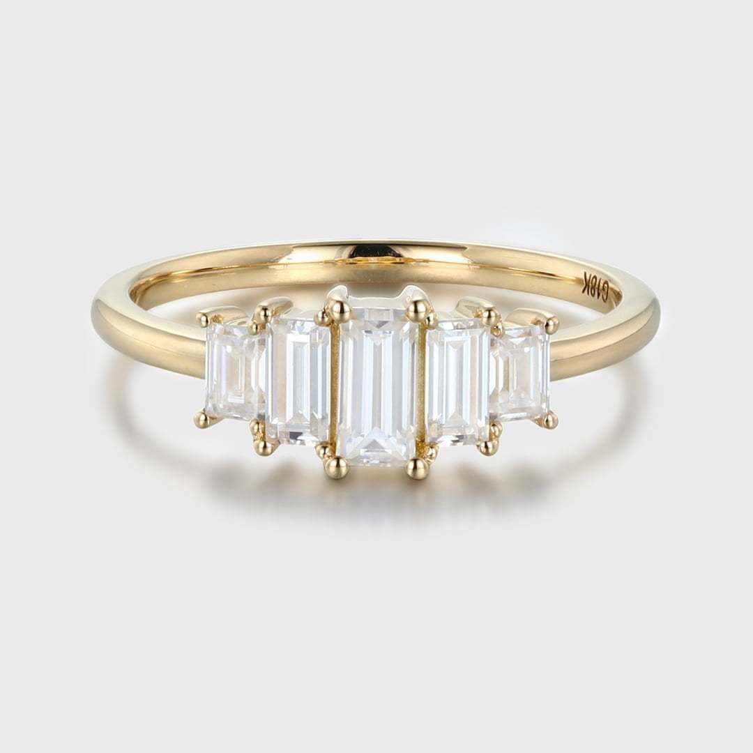 Unique Baguette moissanite engagement ring Vintage Yellow gold engagement ring Cluster ring Bezel art deco Bridal Promise Anniversary gift