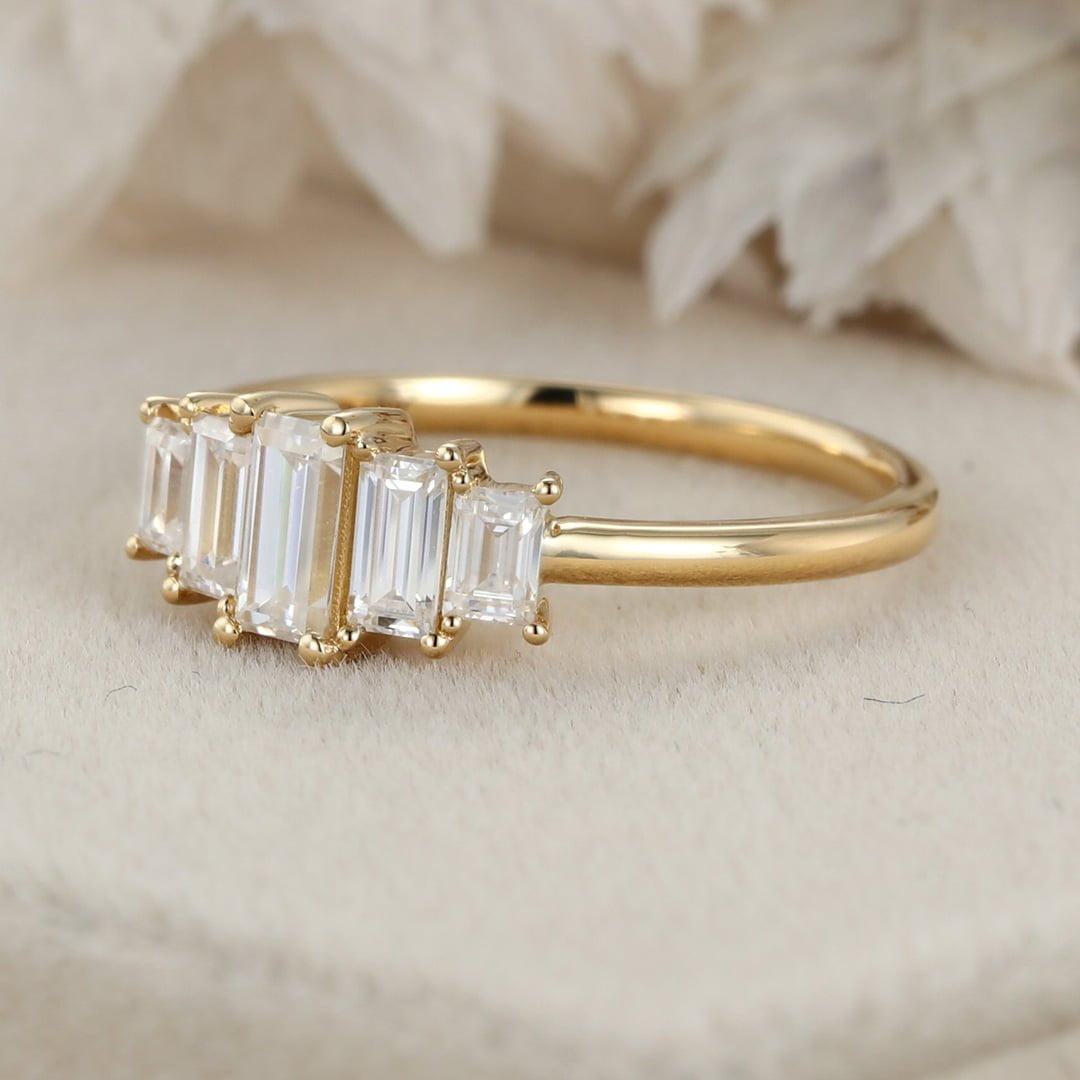 Unique Baguette moissanite engagement ring Vintage Yellow gold engagement ring Cluster ring Bezel art deco Bridal Promise Anniversary gift
