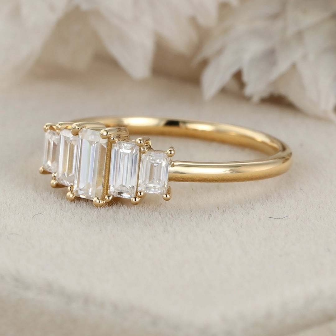 Unique Baguette moissanite engagement ring Vintage Yellow gold engagement ring Cluster ring Bezel art deco Bridal Promise Anniversary gift
