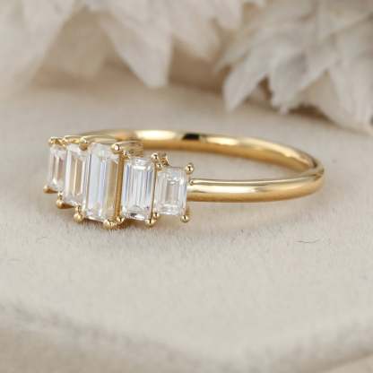 Unique Baguette moissanite engagement ring Vintage Yellow gold engagement ring Cluster ring Bezel art deco Bridal Promise Anniversary gift