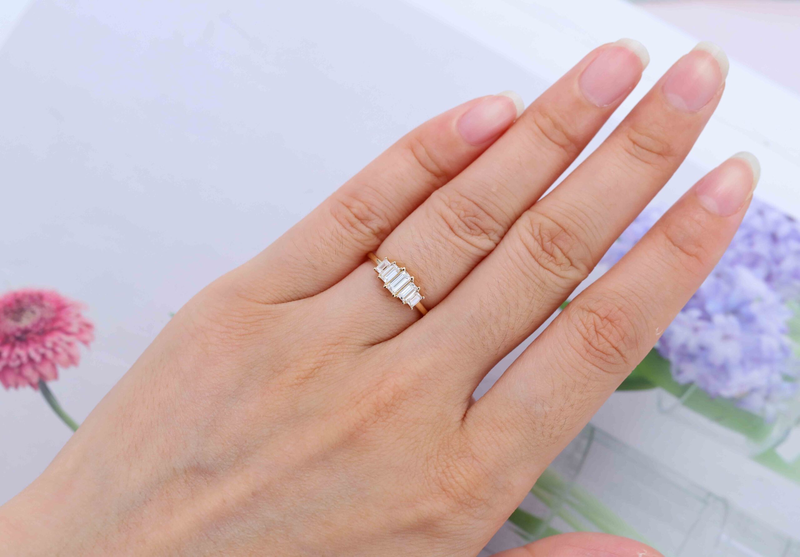 Unique Baguette moissanite engagement ring Vintage Yellow gold engagement ring Cluster ring Bezel art deco Bridal Promise Anniversary gift