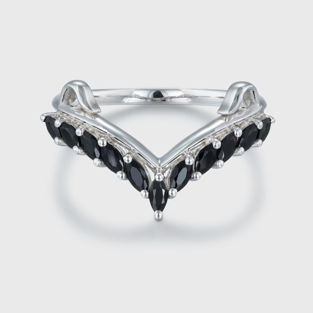 Unique Black Onyx Wedding Band Marquise Wedding Band Vintage 14K White Gold Ring Stacking Matching Promise Ring