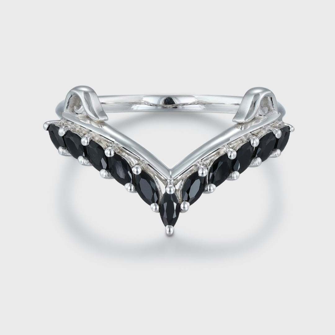 Unique Black Onyx Wedding Band Marquise Wedding Band Vintage 14K White Gold Ring Stacking Matching Promise Ring