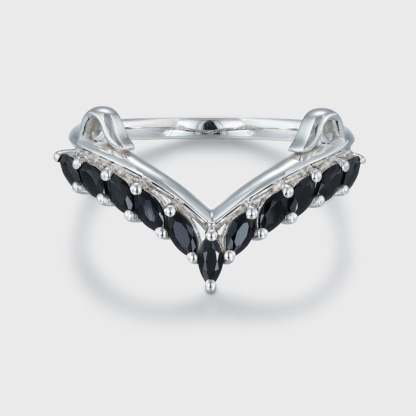 Unique Black Onyx Wedding Band Marquise Wedding Band Vintage 14K White Gold Ring Stacking Matching Promise Ring