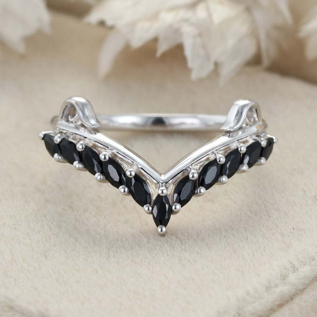 Unique Black Onyx Wedding Band Marquise Wedding Band Vintage 14K White Gold Ring Stacking Matching Promise Ring