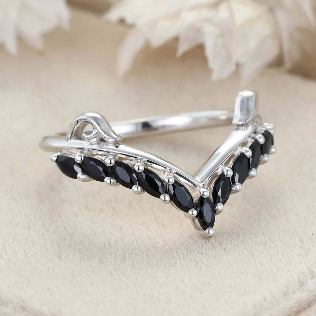 Unique Black Onyx Wedding Band Marquise Wedding Band Vintage 14K White Gold Ring Stacking Matching Promise Ring