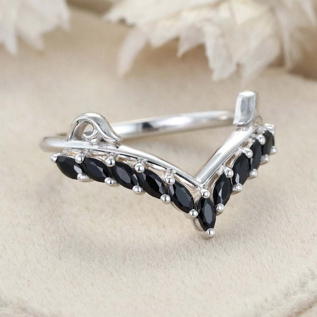 Unique Black Onyx Wedding Band Marquise Wedding Band Vintage 14K White Gold Ring Stacking Matching Promise Ring