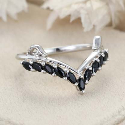 Unique Black Onyx Wedding Band Marquise Wedding Band Vintage 14K White Gold Ring Stacking Matching Promise Ring