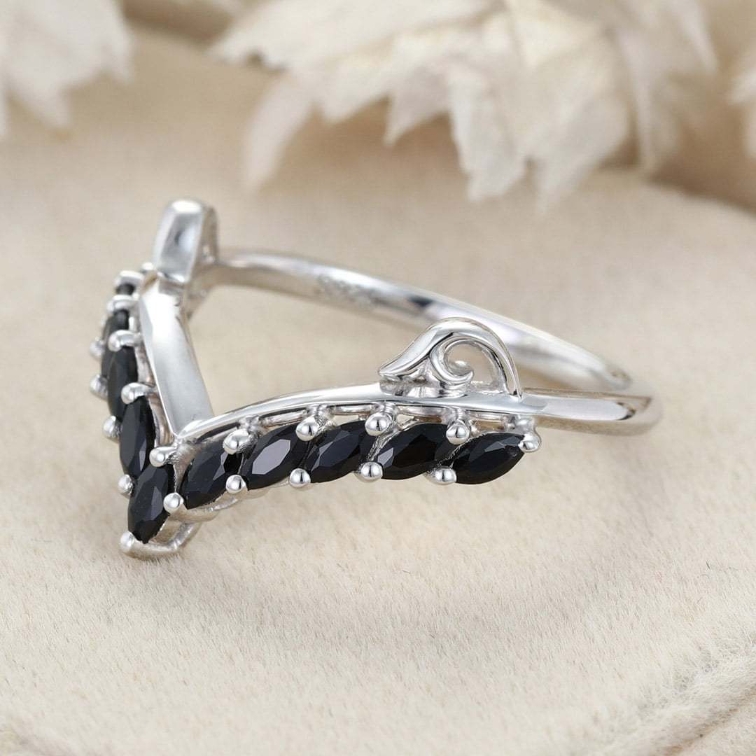 Unique Black Onyx Wedding Band Marquise Wedding Band Vintage 14K White Gold Ring Stacking Matching Promise Ring