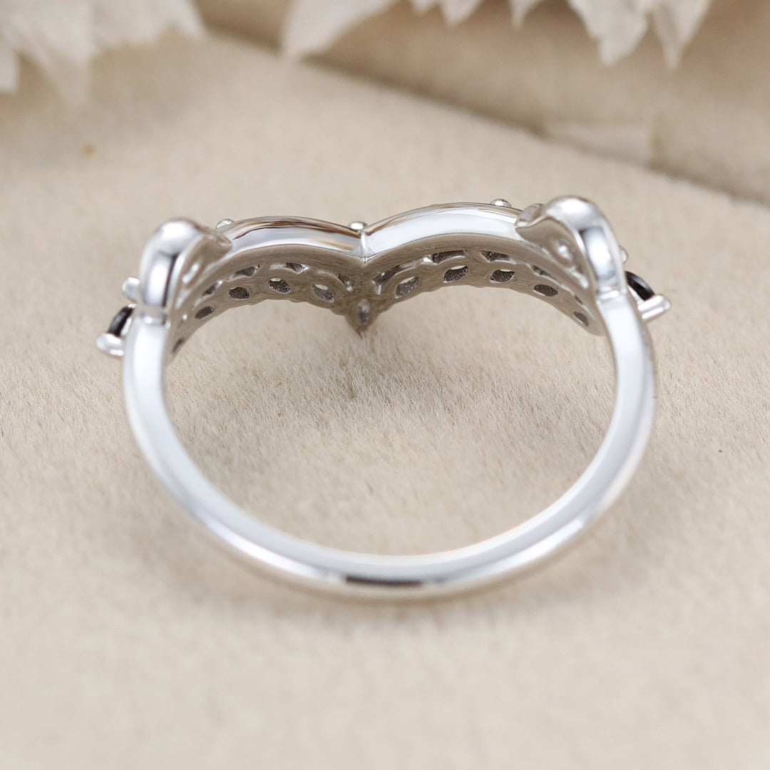 Unique Black Onyx Wedding Band Marquise Wedding Band Vintage 14K White Gold Ring Stacking Matching Promise Ring