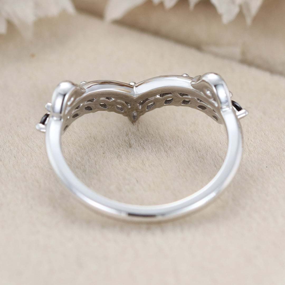 Unique Black Onyx Wedding Band Marquise Wedding Band Vintage 14K White Gold Ring Stacking Matching Promise Ring