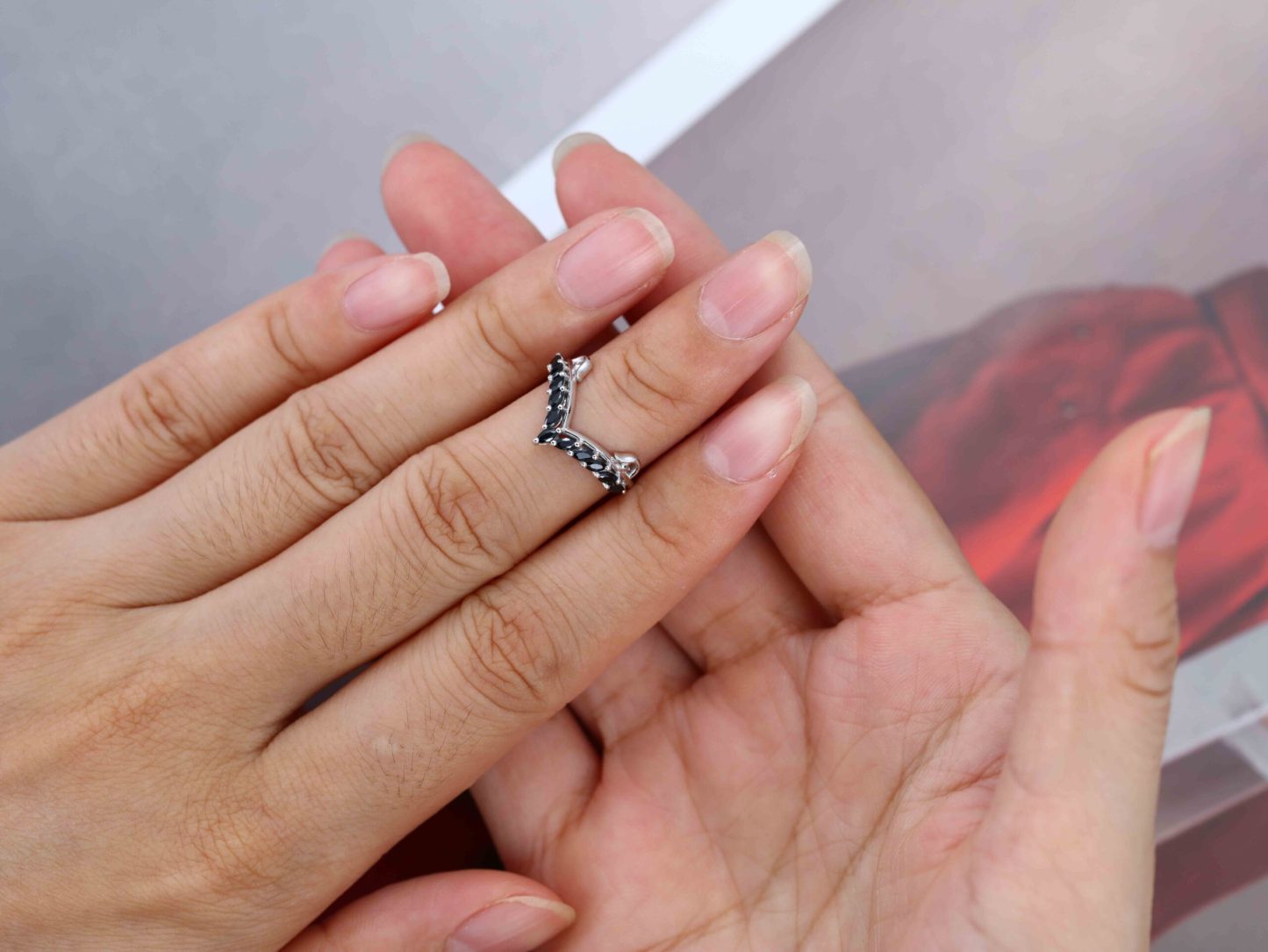 Unique Black Onyx Wedding Band Marquise Wedding Band Vintage 14K White Gold Ring Stacking Matching Promise Ring