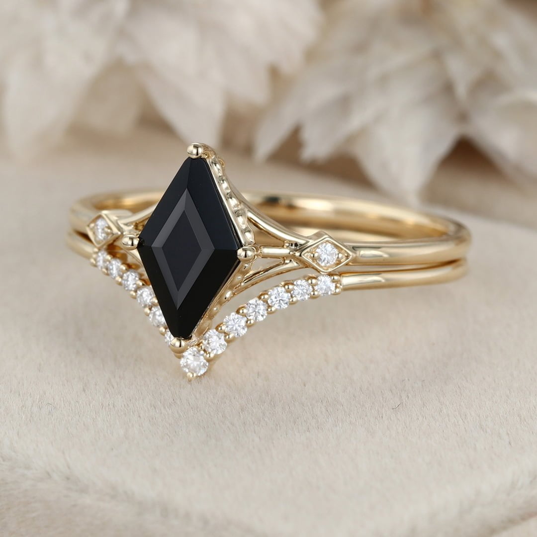 Unique Black onyx Rhombus cut engagement ring set 14K Yellow gold Moissanite engagement ring women Diamond wedding Bridal Anniversary gift