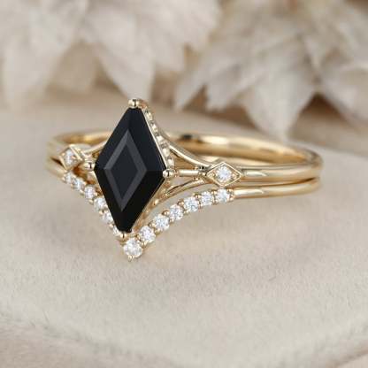 Unique Black onyx Rhombus cut engagement ring set 14K Yellow gold Moissanite engagement ring women Diamond wedding Bridal Anniversary gift