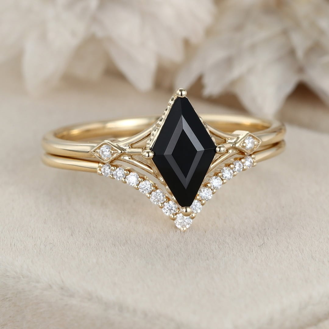 Unique Black onyx Rhombus cut engagement ring set 14K Yellow gold Moissanite engagement ring women Diamond wedding Bridal Anniversary gift