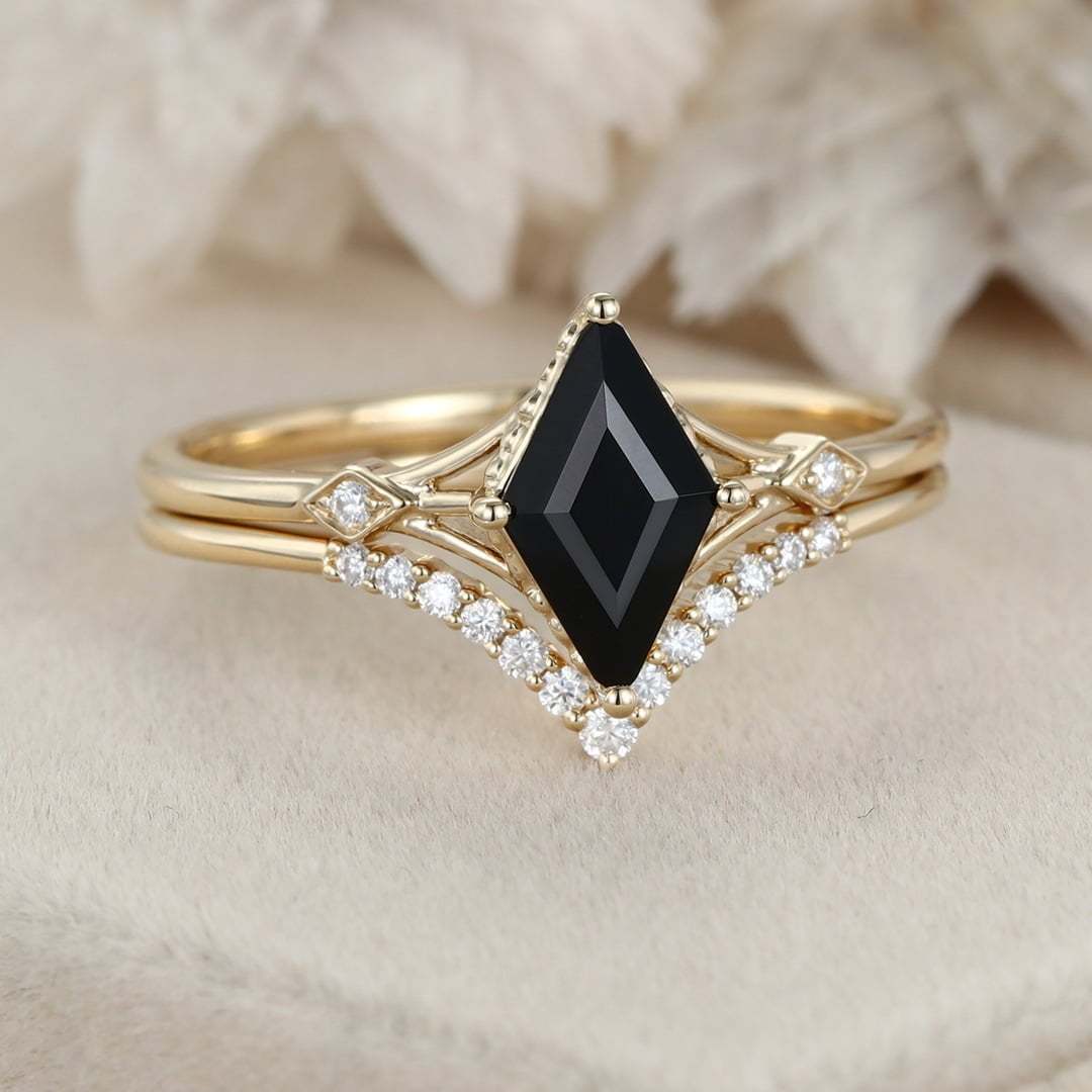 Unique Black onyx Rhombus cut engagement ring set 14K Yellow gold Moissanite engagement ring women Diamond wedding Bridal Anniversary gift