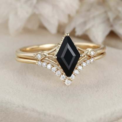 Unique Black onyx Rhombus cut engagement ring set 14K Yellow gold Moissanite engagement ring women Diamond wedding Bridal Anniversary gift