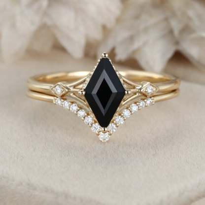 Unique Black onyx Rhombus cut engagement ring set 14K Yellow gold Moissanite engagement ring women Diamond wedding Bridal Anniversary gift