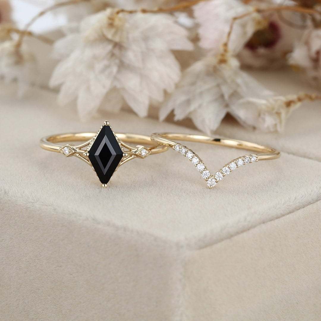 Unique Black onyx Rhombus cut engagement ring set 14K Yellow gold Moissanite engagement ring women Diamond wedding Bridal Anniversary gift