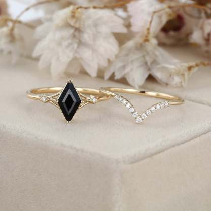 Unique Black onyx Rhombus cut engagement ring set 14K Yellow gold Moissanite engagement ring women Diamond wedding Bridal Anniversary gift