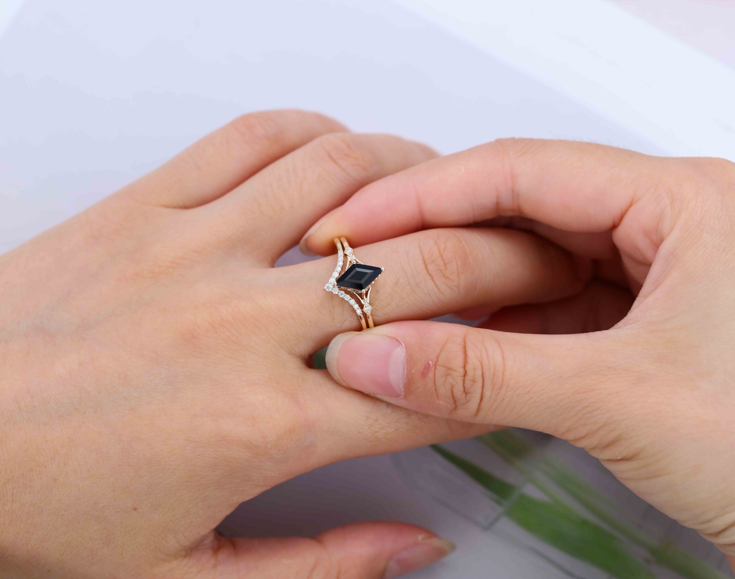 Unique Black onyx Rhombus cut engagement ring set 14K Yellow gold Moissanite engagement ring women Diamond wedding Bridal Anniversary gift