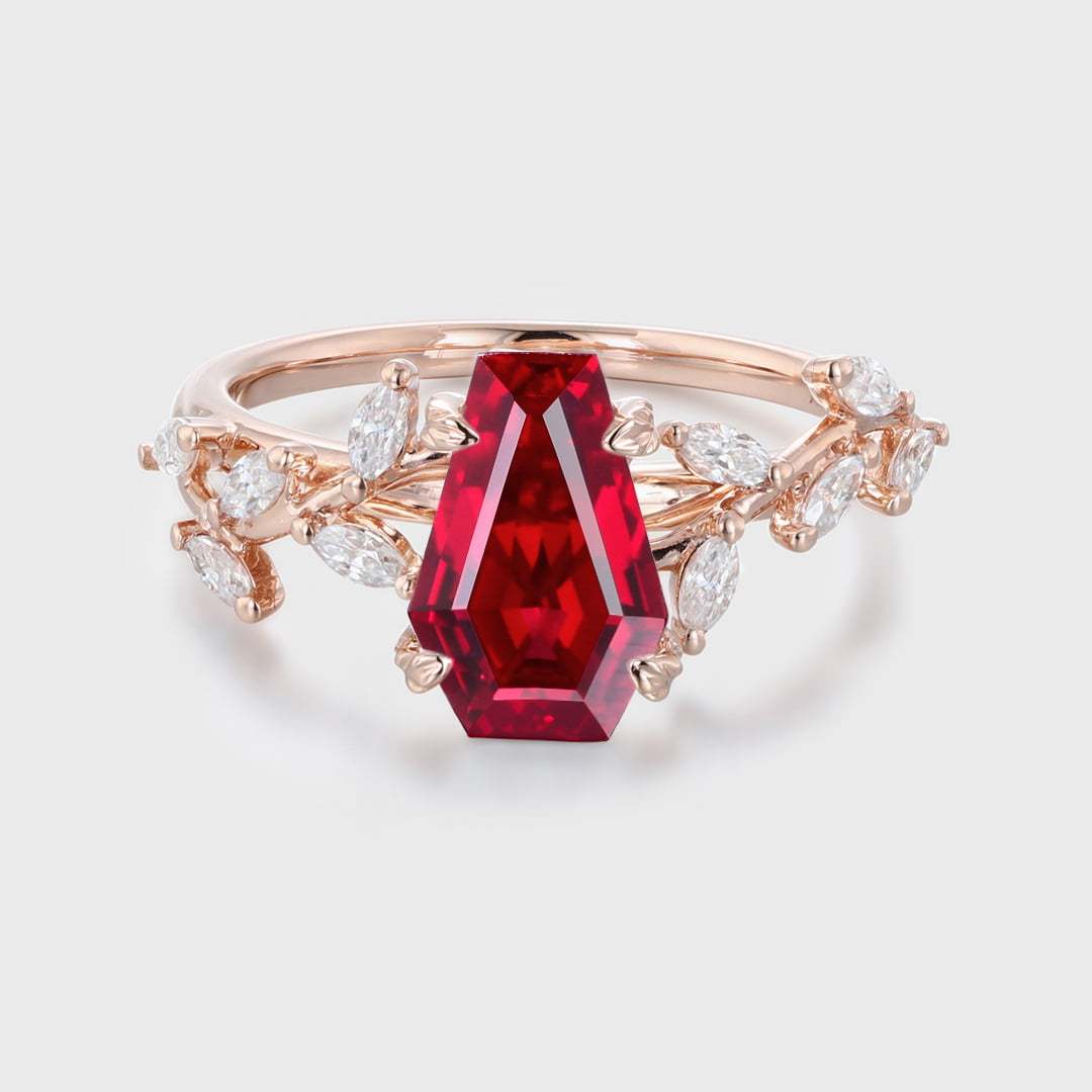 Unique Coffin Cut Lab-Grown Ruby Engagement Ring 14K Solid Gold Ring Branch Marquise Diamond Cluster Ring