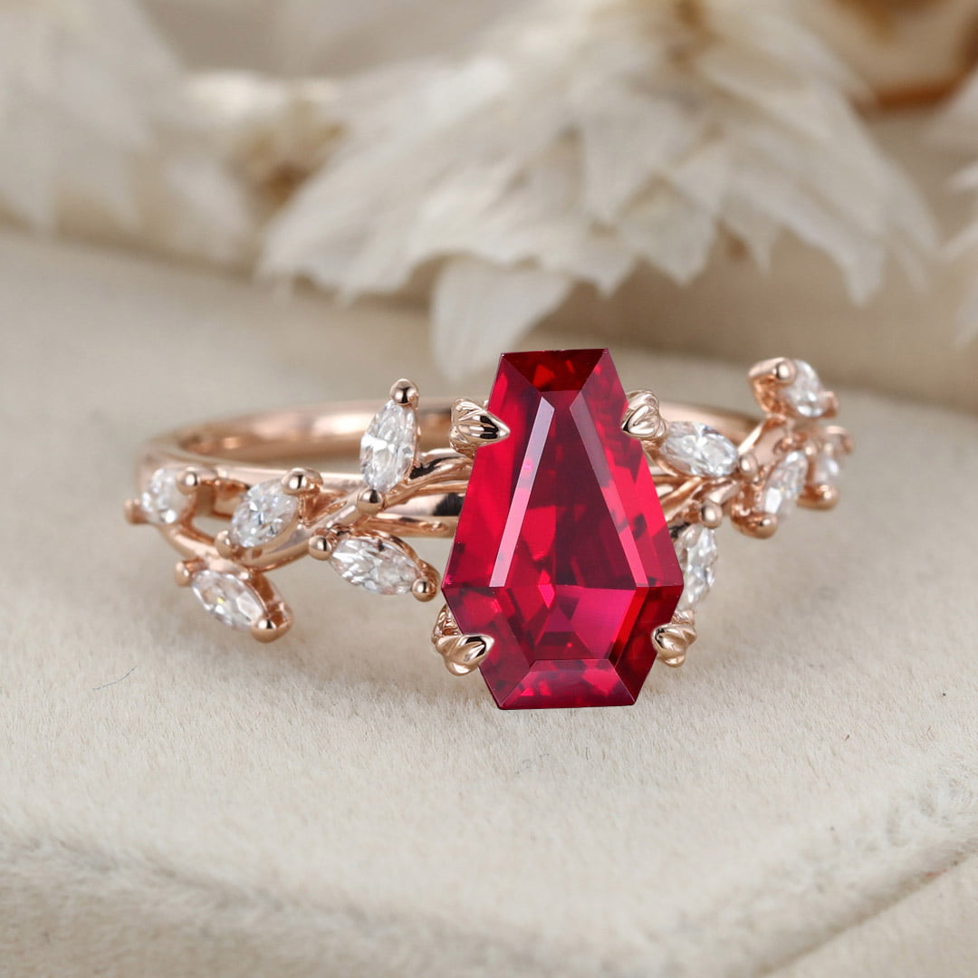 Unique Coffin Cut Lab-Grown Ruby Engagement Ring 14K Solid Gold Ring Branch Marquise Diamond Cluster Ring
