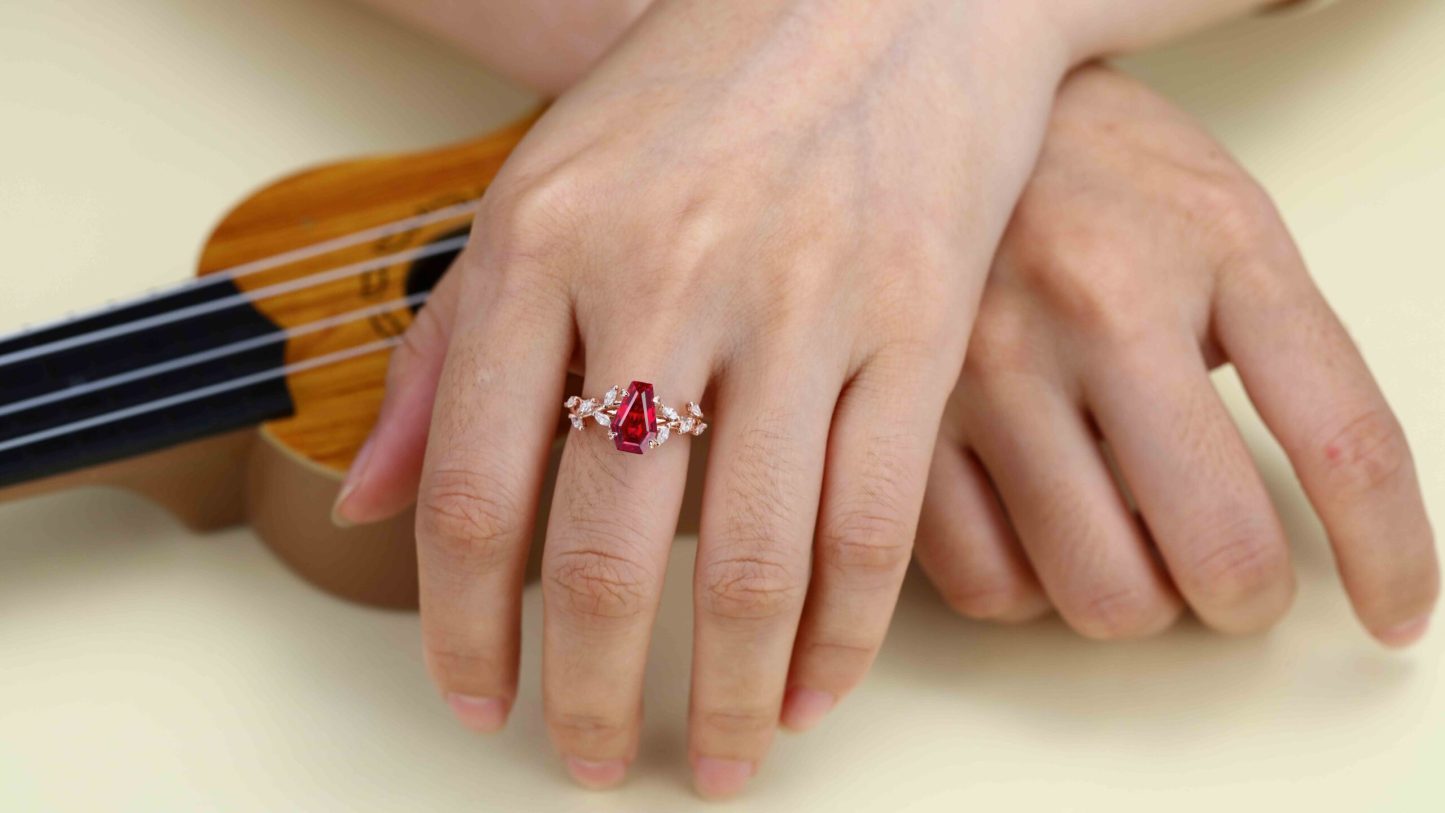 Unique Coffin Cut Lab-Grown Ruby Engagement Ring 14K Solid Gold Ring Branch Marquise Diamond Cluster Ring