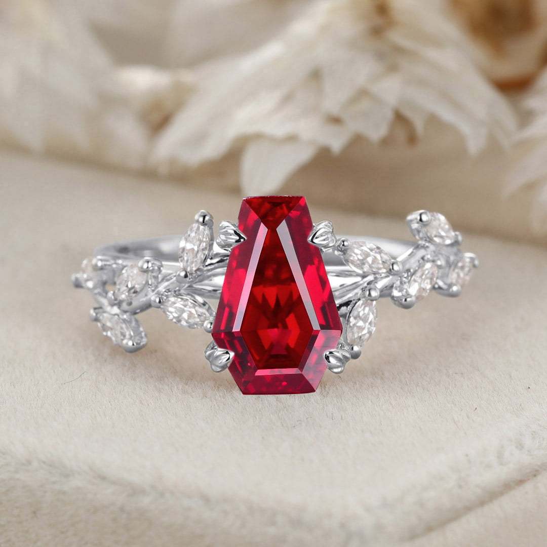 Unique Coffin Cut Lab-Grown Ruby Engagement Ring 14K Solid Gold Ring Branch Marquise Diamond Cluster Ring
