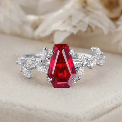 Unique Coffin Cut Lab-Grown Ruby Engagement Ring 14K Solid Gold Ring Branch Marquise Diamond Cluster Ring