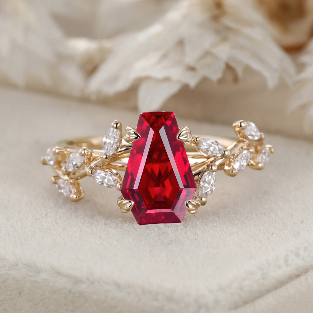 Unique Coffin Cut Lab-Grown Ruby Engagement Ring 14K Solid Gold Ring Branch Marquise Diamond Cluster Ring
